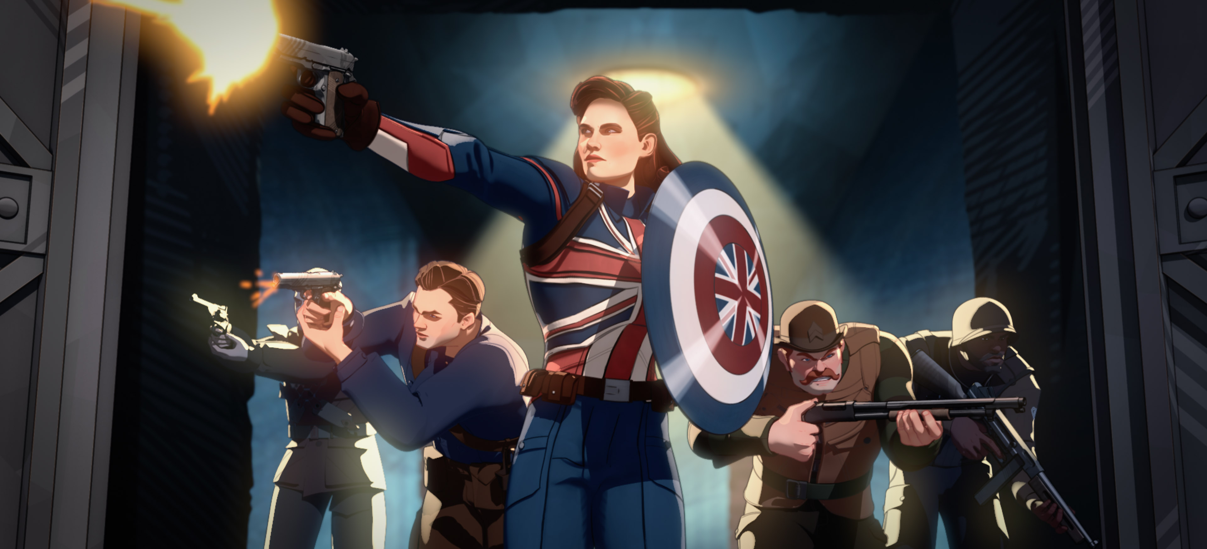 Capitaine Carter (au centre) et commandes hurlantes de Marvel Studios 