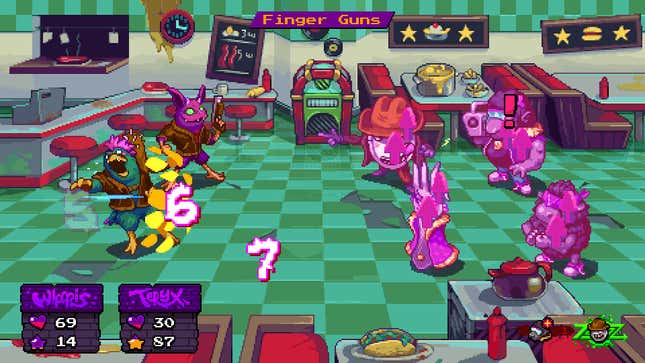 Une scène de combat dans My Familiar qui se déroule dans un restaurant.