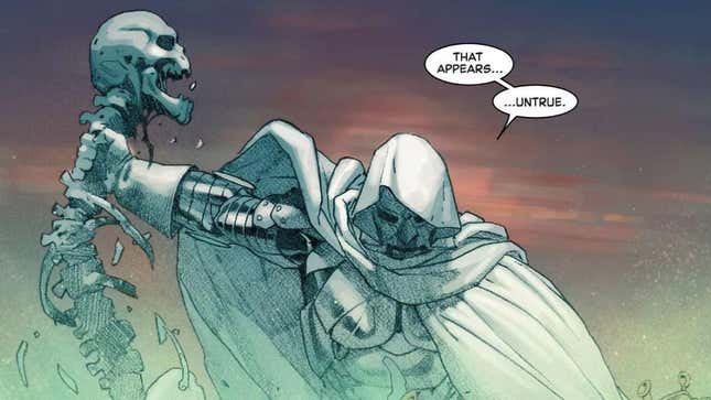 Doom en manteau blanc tient le squelette de Thanos