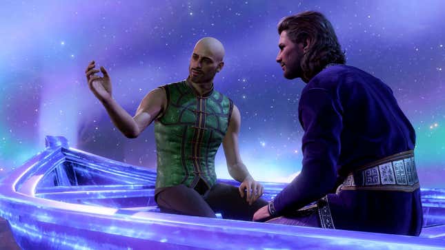 Shep et Gale sont assis dans un bateau entouré de lumière violette.