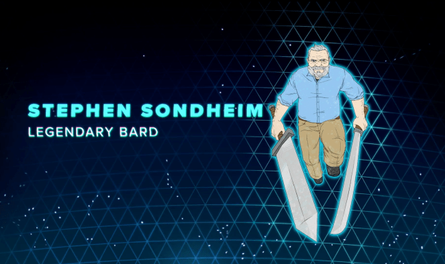 Une illustration du dramaturge Stephen Sondheim tenant deux épées sur un fond bleu étoilé. Le texte sur le côté gauche du cadre dit Stephen Sondheim, The Legendary Bard.